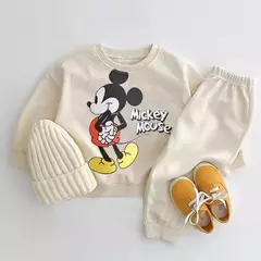 Mickey Mouse moletons estampados para bebês meninos, moletons e calças com gola O, roupas de treino cinza, moda casual, novo estilo na internet