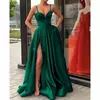 Vestido de noite com fenda lateral profundo decote em V para mulheres, vestidos verdes sexy, comprimento do chão, saia de casamento, luxo 2022