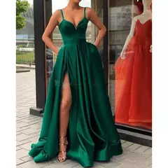 Vestido de noite com fenda lateral profundo decote em V para mulheres, vestidos verdes sexy, comprimento do chão, saia de casamento, luxo 2022