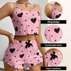Ice Silk Suspender Pijama Conjunto com decoração em forma de coração impresso para senhoras, verão 2 peças - Wolf Magazine