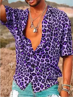 Camisa estampada de leopardo masculina, botão havaiano de manga curta diária, roupa casual confortável, novo, 2024 na internet