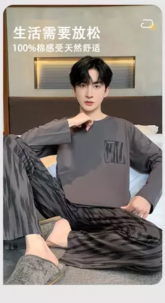 Pijama de algodão de duas peças masculino, calça de manga comprida, traje caseiro, estudante e adolescente, novo outono - Wolf Magazine