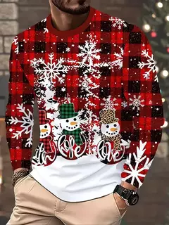 Feliz Natal camiseta de manga longa masculina, estampa 3D, padrão engraçado de Papai Noel, tamanho grande, tops, roupas