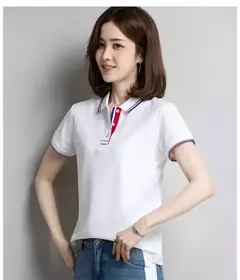Camisa polo feminina de algodão solto, manga curta, blusa esportiva casual com lapela, camisa de negócios preto e branco, verão feminino na internet