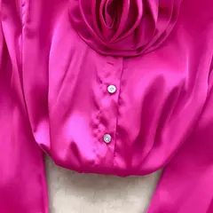 Elegante cetim tridimensional flor manga longa lapela blusa chique vintage moda colheita topo feminino camisas de outono roupas - loja online