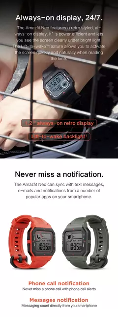 Amazfit-Neo SmartWatch com display STN, 5ATM impermeável relógio esportivo, rastreamento de freqüência cardíaca, Bluetooth, 95New Display relógios, Nobox