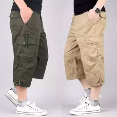Calção de carga de comprimento longo masculino, calça Capri de algodão elástica casual com vários bolsos, curto tático militar, calções quentes, verão, 5XL