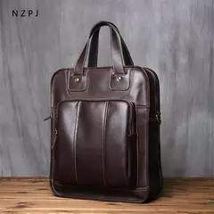 Maleta de couro retrô para homens, couro natural, bolsa vertical, bolsa de ombro casual, mochila masculina, adequada para laptop de 15 ", NZPJ