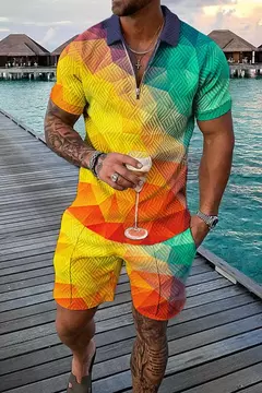 Conjunto de camisa polo e shorts masculino casual de manga curta com zíper gola v, moda verão, 2 peças, 2023
