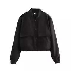 Jaqueta Bomber Cropped feminina, Casaco de manga comprida, Beisebol de botões, Casaco Aviador, Preto, Branco, Outono, Inverno