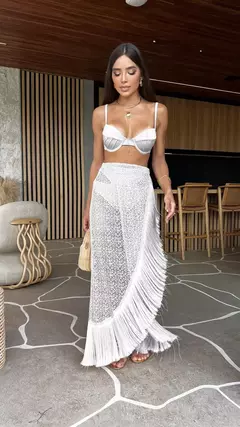 Conjunto de biquíni de três peças, sutiã acolchoado, borla, saia de praia de cintura alta, maiô de verão, moda sexy, monocromático - comprar online