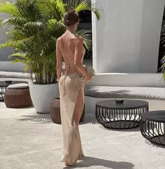 Tecido ver através do vestido maxi, Elegante Halter Beachdress, Sexy Slit Bodycon, Vestido de verão, Beachdress, Ver através, 2022