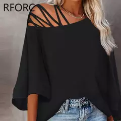 Blusa chique de um ombro feminina, manga batwing sólida, Off Criss Cross, tops soltos, 2021 - loja online