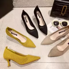 Sapatos de festa triangular confortáveis para mulheres, salto alto único sexy, agulha de malha respirável, verão - loja online