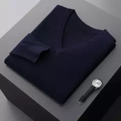Suéter de cashmere com decote em v masculino espesso solto, lã de cor sólida, malha, casual para negócios novo, outono e inverno - Wolf Magazine