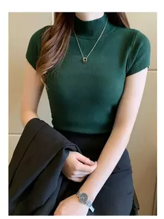 Camiseta feminina de malha meia gola alta, elegante monocromática, manga curta, pulôver casual versátil, tops magros, verão