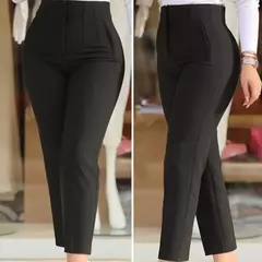 Calças femininas de cintura alta plissadas de bolsos, calças de perna reta, cor sólida, nono comprimento - comprar online
