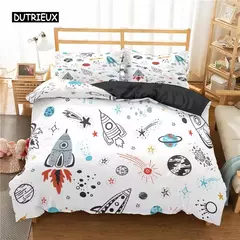 Imagem do Conjunto de cama para meninos da aviação dos desenhos animados, astronauta Duvet Cover, Blue Sky Dream Quilt Cover, gêmeo, único, tamanhos duplos, fronha