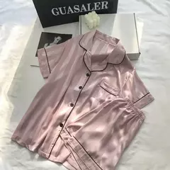 Pijama feminino de seda gelo, manga curta, calça curta, seda de simulação, roupa doméstica, cor sólida, listrado, estudante, conjunto 2 peças, S, L - loja online