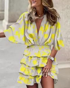 Vestido feminino com decote em v, manga Batwing, babado elegante com renda, mini vestidos de praia, streetwear casual, moda solta, outono, 2024 na internet