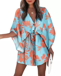 Mini vestido solto com cordão feminino, manga de batwing, botão sexy, gola V, cobertura de festa, estampa moda praia, verão - comprar online