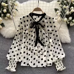 Vintage de bolinhas manga comprida plissado crop top feminino, t-shirt fina chique, camisa sexy casual fina, streetwear Harajuku, moda primavera na internet
