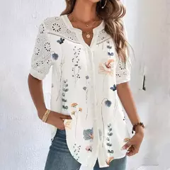 Temperamento casual rendas mulher camisa moda solta camisa mulher elegante manga curta blusa férias fim de semana na internet