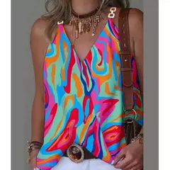 Camisola de alças sem mangas estampada listrada feminina, gola em v com fivela de metal, pulôver solto, blusa feminina, verão, 2024 - loja online