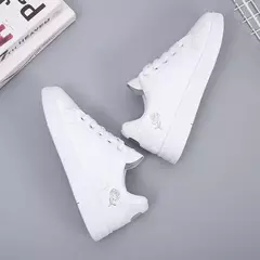 Sapatos casuais de couro pu para mulheres, tênis brancos bordados, sapatos com cordões de flores respiráveis, nova moda, 2024 - loja online