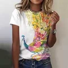 Lindo pavão padrão camiseta para mulheres flor colorida 3d impresso t camisas moda solta camisetas mangas curtas em torno do pescoço topos - loja online