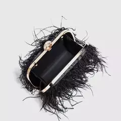 Ostrich Feather Clutch Bag para senhoras, Faux Fur Wallet, anéis de diamante Knuckle, jantar, bolsa de casamento, chique de luxo, moda na internet