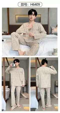 Pijama de algodão de duas peças masculino, calça de manga comprida, traje caseiro, estudante e adolescente, novo outono