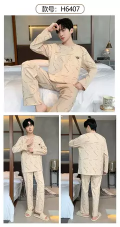 Imagem do Pijama de algodão de duas peças masculino, calça de manga comprida, traje caseiro, estudante e adolescente, novo outono