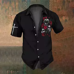 Camisa retrô masculina com estampa caveira rosa, roupa de festa, manga curta, casual, na moda, extragrande, tamanho S-5XL, moda, verão