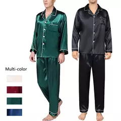Conjunto de pijama com cardigã de manga comprida masculino, monocromático, lapela, casual, roupa de casa simples, pijamas, plus size, juventude, outono, inverno, 2 peças, conjunto - loja online
