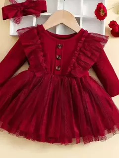 Vestido de malha com babados e lenço para bebê, manga pequena voadora, manga comprida, romântica, primavera e outono, 2 peças - comprar online