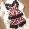 Mulheres guarnição de renda cetim cami top e conjuntos de pijama, erótico Home Wear, pijamas femininos, alça sem mangas, pijamas sexy moda