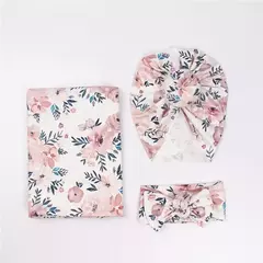 Recém-nascido Swaddle Wrap, Recebendo Cobertor para Recém-nascidos, Acessórios Bebês, Soft Floral Headband, Chapéu, Itens de cama, 3 Pcs por Conjunto