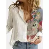 Camisa de manga comprida estampada de gato animal feminino, blusa solta, Tops, Fashion, 8936, 2024