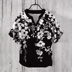 Imagem do Camiseta casual de manga curta estampada masculina, camisa Henry estilo japonês
