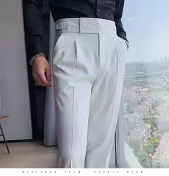 Homens estilo britânico ternos calças novo masculino sólido calças de cintura alta alta qualidade formal magro ajuste negócio casual terno calças