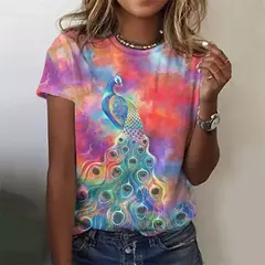 Lindo pavão padrão camiseta para mulheres flor colorida 3d impresso t camisas moda solta camisetas mangas curtas em torno do pescoço topos na internet