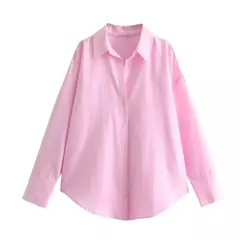 TRAF-Blusa Oxford de Algodão Single-Breasted Feminina, Camisa Manga Longa, Tops Chiques, Lapela, Roupa de Rua, Senhoras, Moda na internet