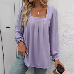 Camiseta feminina casual de manga comprida com gola quadrada, mangas folhada, design plissado, tops de pulôver, camisetas na moda - comprar online