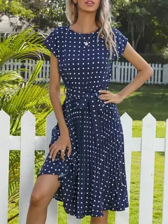 Benuynffy-Vestidos femininos de bolinhas com o pescoço, manga comprida, altura do joelho, camisas, elegante senhora do escritório, cintos, vestido a-line, 2024 - comprar online