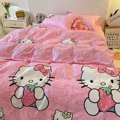 Olá Kitty Queen Size Conjunto de cama, colcha, folha plana e fronhas, Pink Princess Dorm Suit, desenhos animados bonitos, 4 pcs por conjunto - Wolf Magazine