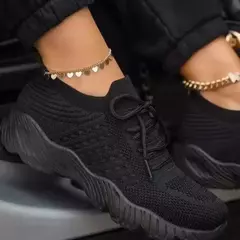 Sapatilhas femininas com cadarço de malha confortável, sapatos esportivos vulcanizados, cunhas volumosas, sapatos femininos casuais