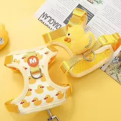 Conjunto de arnês e coleira para cachorro de pato de desenho animado, coleira ajustável para cachorro, colete para gato de estimação, buldogue francês, acessórios para caminhada na internet