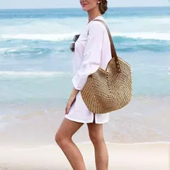 Imagem do Bolsa de praia de palha feminina, bolsa de ombro grande para férias, bolsa macia, verão