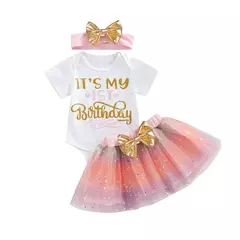 Bodysuits de manga curta para bebês, macacão recém-nascido, pettiskirt para criança, presentes de aniversário, roupas de festa 12m, 3 peças